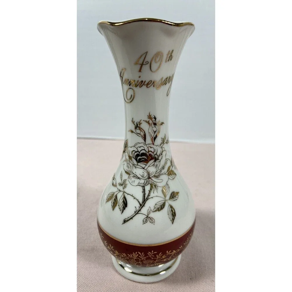 Vintage Norcrest Fine China 40th Anniversary Vase Gold white & Ash Japan 6